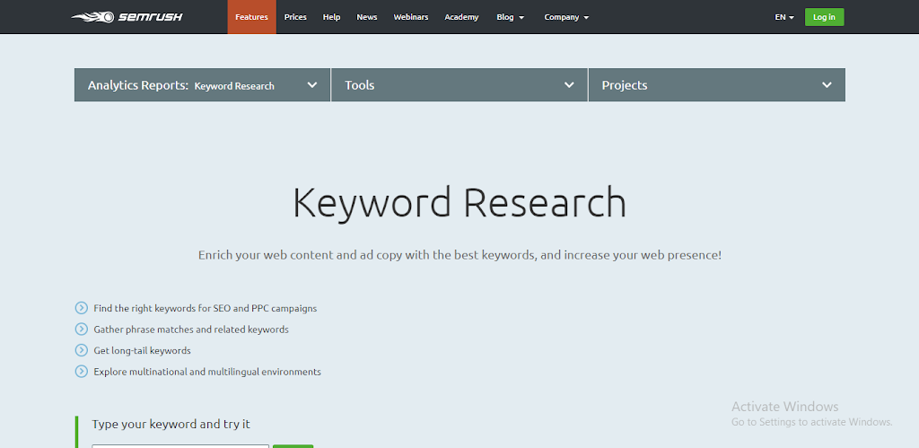 semrush keyword research tools
