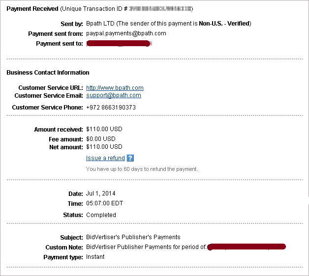 Bidvertiser payment proof